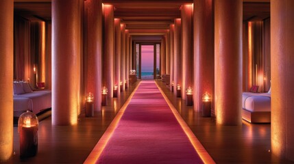 Fototapeta premium The long, empty hallway adorned with carpet flooring and lined with closed doors embodies minimalist interior design frequently observed in hotels