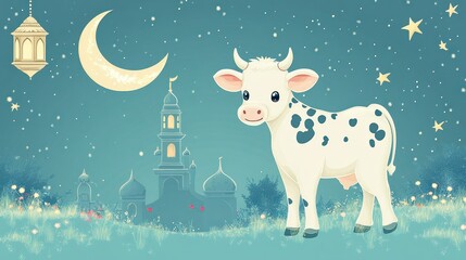 Cute calf standing in field at night, crescent moon, mosque, lantern.