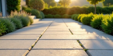 Fototapeta premium Golden Hour Pathway Serene Garden Walkway with Lush Greenery and Sunlight