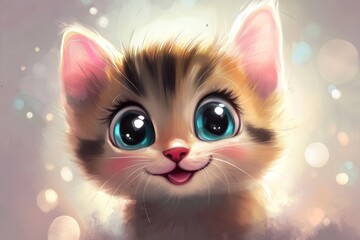 cute and happy kitten with eyes wide open in cartoon style