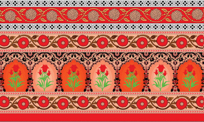 A handwoven textile-inspired design, incorporating ethnic embroidery stitches and floral motifs, suited for artisanal wallpaper and handcrafted wrapping paper.