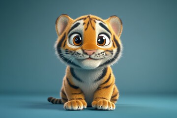 cute and happy little tiger with eyes wide open in cartoon style