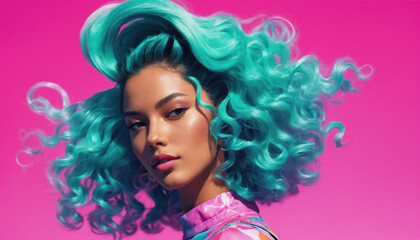 Obraz premium Vibrant model showcases turquoise curly hair against bright pink background during fashion shoot
