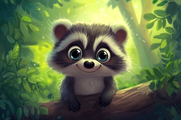 Naklejka premium cute and happy racoon with eyes wide open in cartoon style