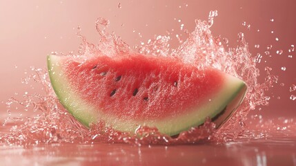 Fototapeta premium Juicy watermelon slice splashing in water.