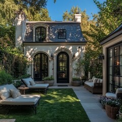 A modern white house featuring black windows, a patio, and a landscaped garden