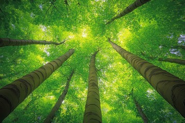 Fototapeta premium dense forest with green pine trees with deep brown trunks and spreading tree crowns, first-hand view from below