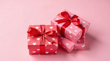 Obraz premium Pink Presents with Red Ribbons and Hearts for a Special Occasion