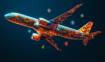 Obraz premium A colorful, stylized airplane soaring through a dark background.