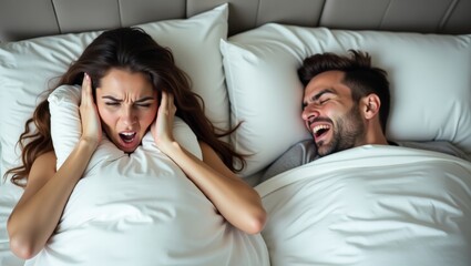 Couple in bed woman frustrated by snoring partner