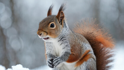 Fototapeta premium Squirrel foraging in a snowy forest during winter