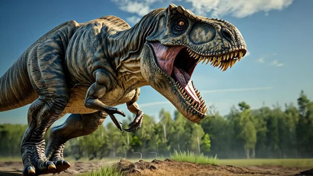 Angry Tyrannosaurus rex roars in prehistoric plains, its mighty presence dominating the landscape, Ai Generated.