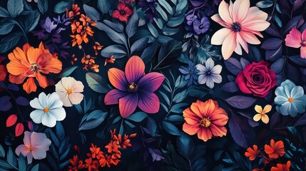 Colorful Floral Elements on Dark Background Featuring Various Flowers, Leaves, and Petals in a Vibrant Artistic Design for Creative Projects