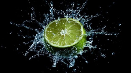 Lime splashing in water, isolated on black background.