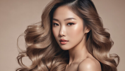 Woman with long, wavy hair poses elegantly against a neutral background in a beauty portrait