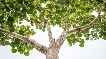 Fototapeta premium Low angle view of a tree with lush green leaves and a light-colored trunk against a bright sky.