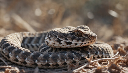 Fototapeta premium Close-up of a coiled desert snake resting on dry ground under warm sunlight in a natural habitat