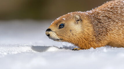 Fototapeta premium Groundhog Themed, groundhog with snowflakes on its fur, exploring snowy landscape