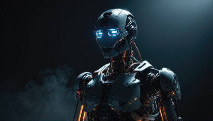 Naklejka premium Innovative humanoid robot with glowing eyes in a dark environment showcasing advanced technology