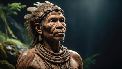 Elderly indigenous man with traditional tribal attire in a lush forest setting during daylight hours