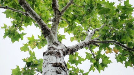 Fototapeta premium Low angle view of a tree with green leaves and white bark against a bright sky.