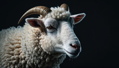 Close-up of a sheep with thick wool and prominent horns against a dark background highlighting its features and expression