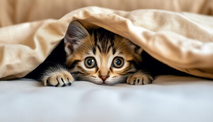 A curious kitten peeks out from under a cozy blanket.