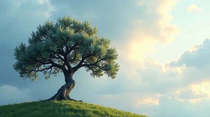 Serene Landscape Featuring a Majestic Tree on a Verdant Hill Under a Peaceful Sky