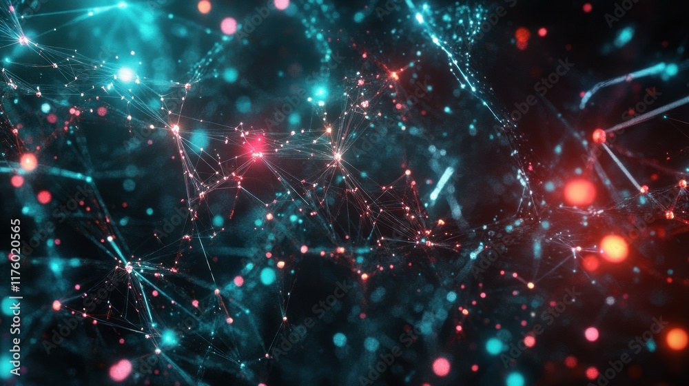 Poster colorful abstract network of light connections with glowing nodes and sparkling stars in a dark back