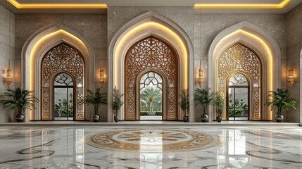 Fototapeta premium Luxurious Islamic-style lobby with ornate arches, marble floor, and gold accents.