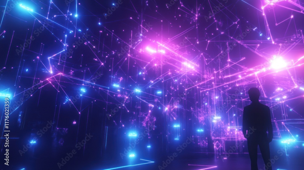 Poster Futuristic Digital Space with Vivid Color Lights and Dynamic Data Patterns Creating an Immersive Experience for Exploration and Innovation