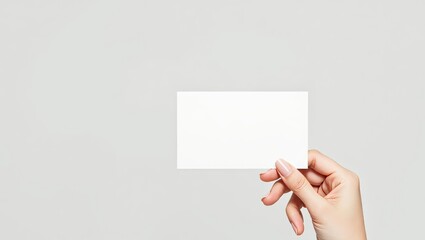 Obraz premium Minimalist hand holding blank white business card on light gray background