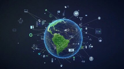 A digital globe surrounded by interconnected icons representing technology and data.