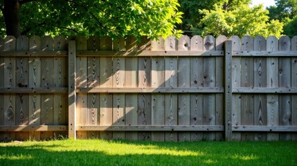 Sun-dappled Wooden Fence in a Lush Green Lawn