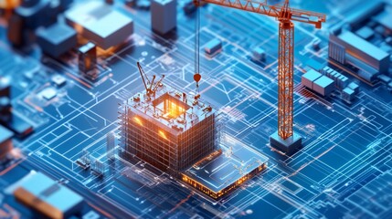 Obraz premium A digital construction site with a building under development and a crane.