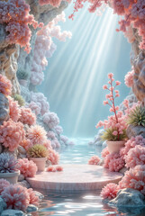 Fototapeta premium Spring flowers and empty podium for product promotion