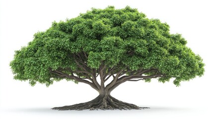 Lush, green tree with exposed roots isolated on white.