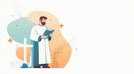 Obraz premium Priest reading a holy book in a serene environment with plants and decorative elements