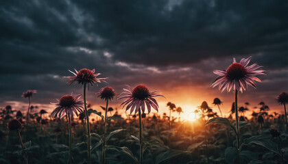 Fototapeta premium Sunset over a field of daisies with dark clouds creating a dramatic sky