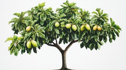 Lush mango tree laden with ripe, yellow-green mangoes against a white background.