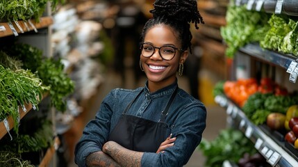Confident Grocery Store Worker in Stylish Apron Smiling While Standing by Fresh Produce