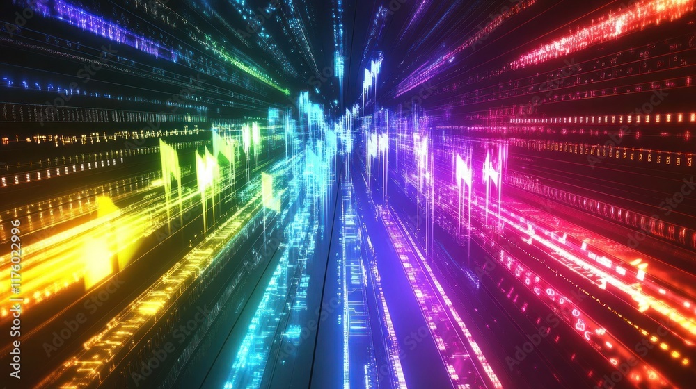 Poster vibrant abstract digital background with colorful lines and visual sound waves representing data str