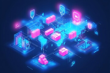 A digital world map with glowing icons representing logistics and data flow.