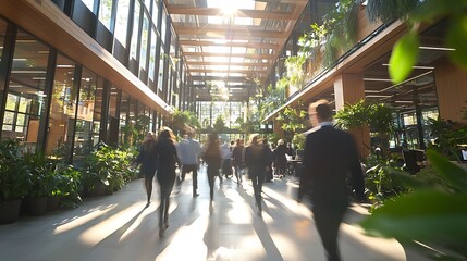 Long exposure picture of business people walking in a bright office lobby, moving fast with blur. AI generated picture. 