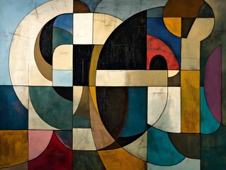 Cubist-inspired abstract shapes in earthy and jewel tones, modern style