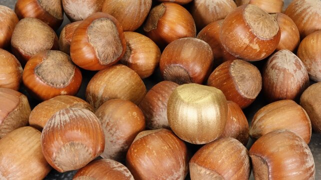 One golden hazelnut among many normal brown nuts. Zero infected. Symbolic for a talented worker, the best in his craft. 