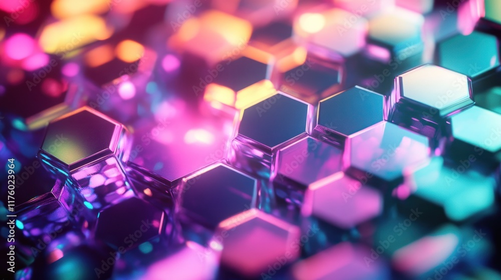 Poster abstract colorful hexagonal pattern with reflective surface featuring vibrant neon lights creating a