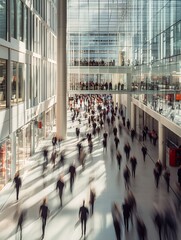 Fototapeta premium Long exposure picture of business people walking in a bright office lobby, moving fast with blur. AI generated picture. 