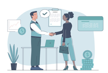Business deal concept. Man and woman shake hands against background of document. Collaboration and cooperation. Investor and entrepreneur. Agreement and contract. Linear vector illustration