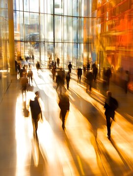 Long exposure picture of business people walking in a bright office lobby, moving fast with blur. AI generated picture. 